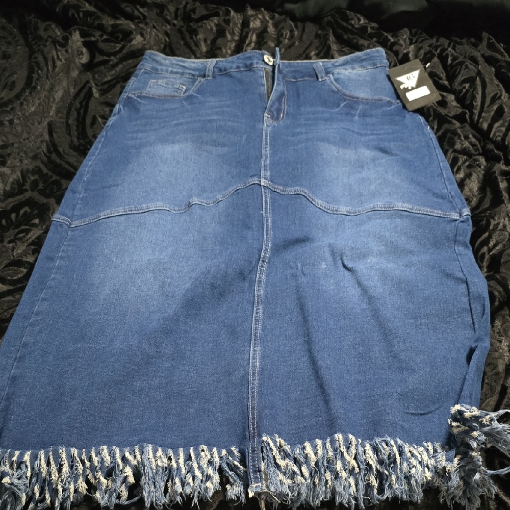 Denim A-Line Skirt with Fringe Hem